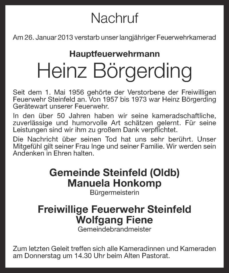  Traueranzeige für Heinz Börgerding vom 31.01.2013 aus OM-Medien